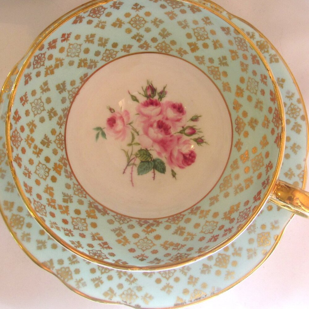 Staffordshire Tea Cup and Saucer Hand Painted Pink Roses Heavy Gold Gilt    I249